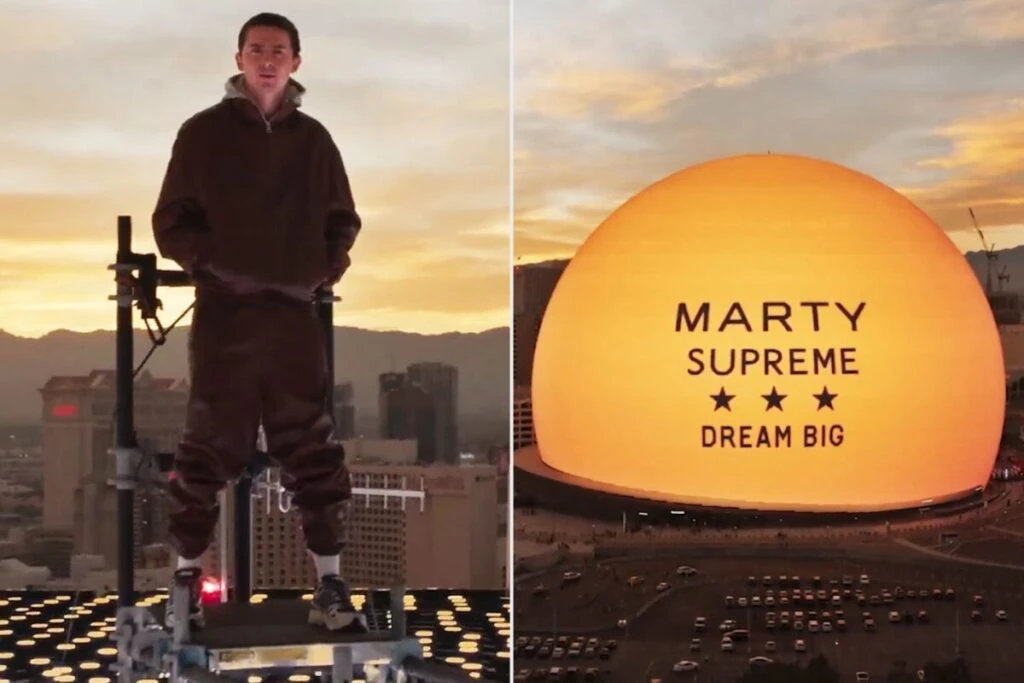 Timothée Chalamet en la cima de la Sphere Las Vegas durante la promoción de Marty Supreme, fusionando cine y espectáculo.