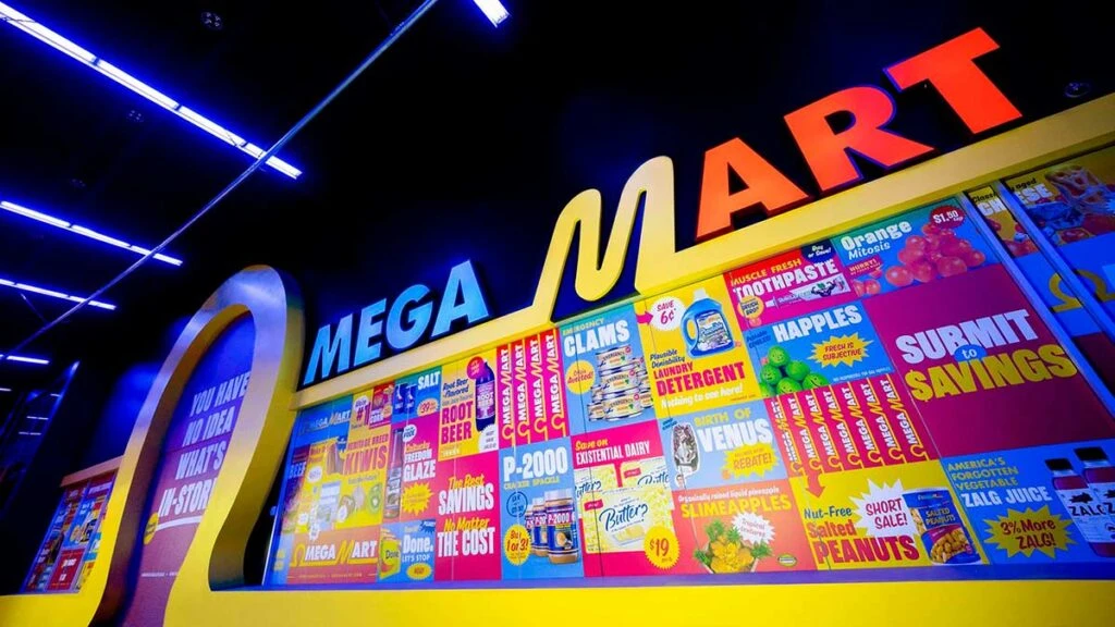 Interior de Omega Mart Las Vegas con arte inmersivo, colores vibrantes y visitantes explorando una experiencia surrealista